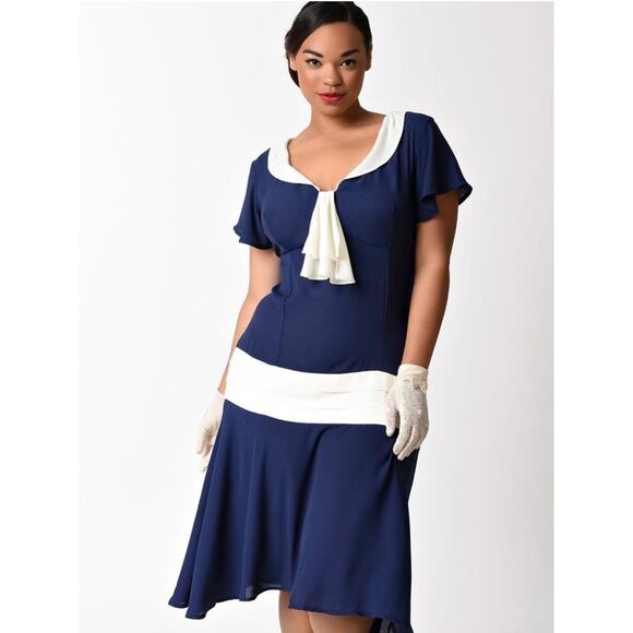 Unique Vintage 1920s Navy & Cream Wilshire Flapper Day Dress 5X 26 NWOT - Picture 2 of 6
